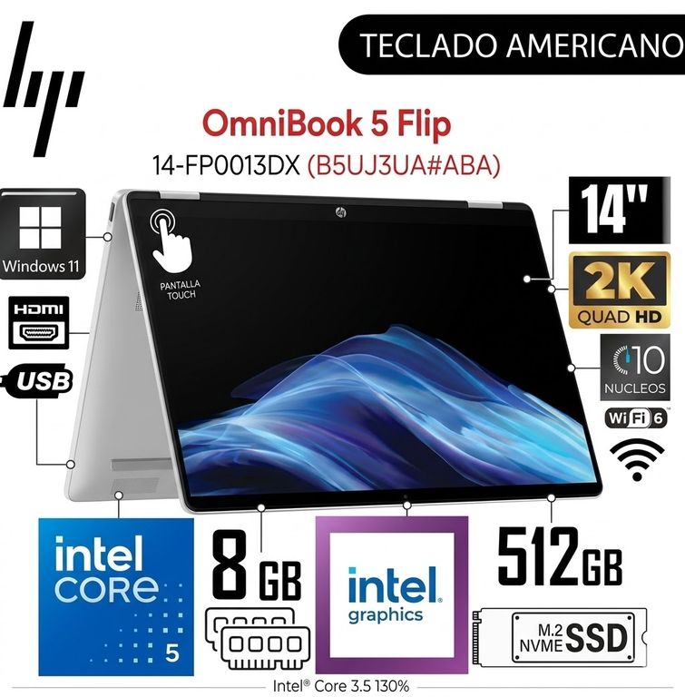 Laptop HP OMNIBOOK 5 14' 2K Core 5 120U 8GB 512GB TACTIL TOUCH