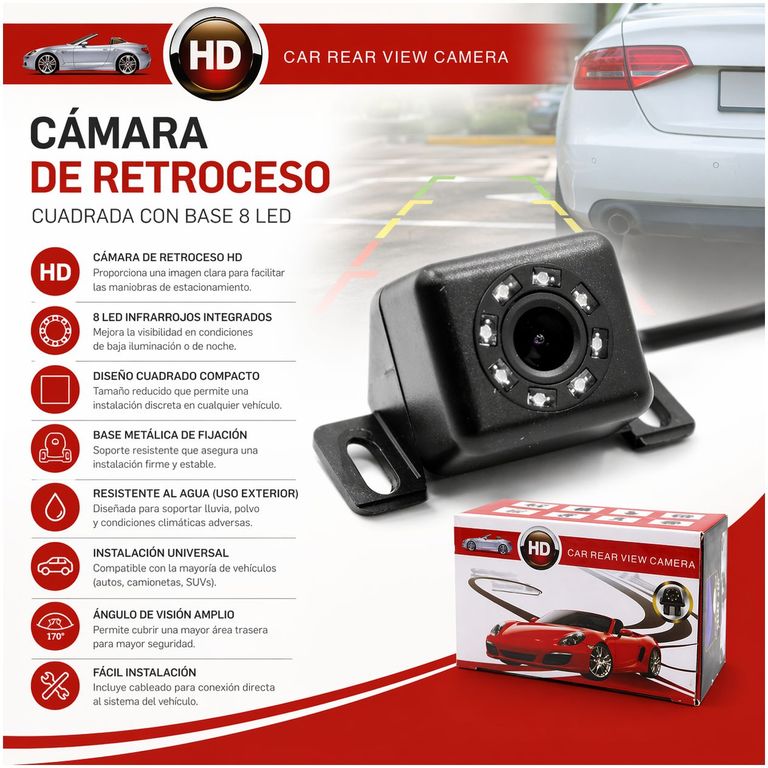 Cámara De Retroceso 8Led HD Cuadrado Con Base