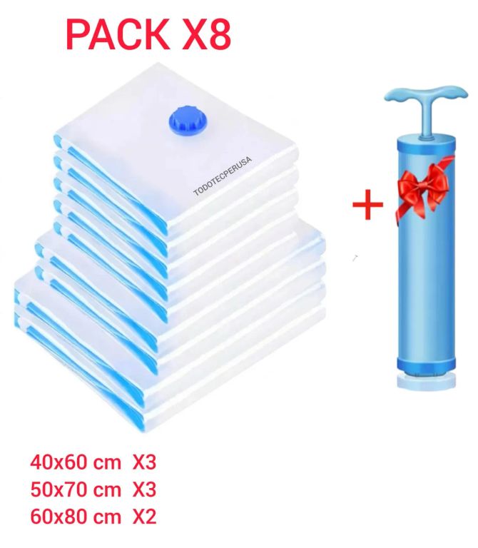 PACK x8 BOLSAS AL VACIO MAS INFLADOR SUCCIONADOR
