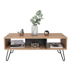 FMFURNITURE - Mesa De Centro 4 Patas Metalicas Café Claro y Plomo 40x101.1x45 cm