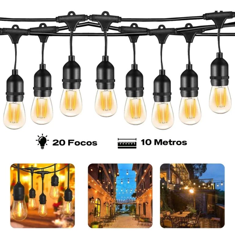 LUCES GUIRNALDAS DE 10MTRS CON 20 FOCOS CON ENCHUFE PARA EXTERIORES BALCON TERRAZAS JARDIN FIESTA
