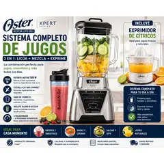 OSTER - Licuadora Oster 1500W Vaso Vidrio 2L  + Exprimidor + Blend N Go Sistema Completo de Jugos 3 en 1