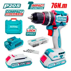Total Tools - Taladro Atornillador Percutor Industrial ½ TIDLI20768 20V 76Nm 2Bat x 2Ah Brushless + Accesorios