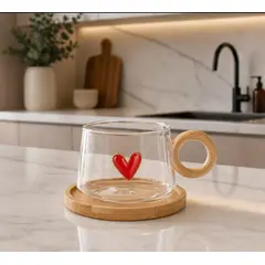 GENERICO - 4 Tazas de Vidrio Borosilicato diseño corazon con Asa y Plato de Bambú 300ml