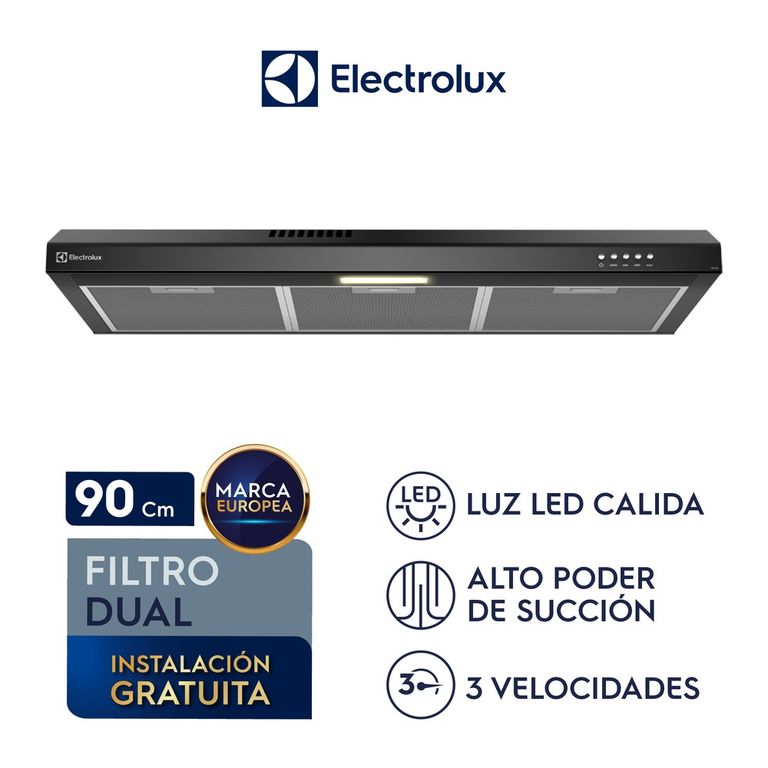 Campana Extractora Electrolux 90cm Alto Poder de Succión e iluminación LED Negra DE9SB