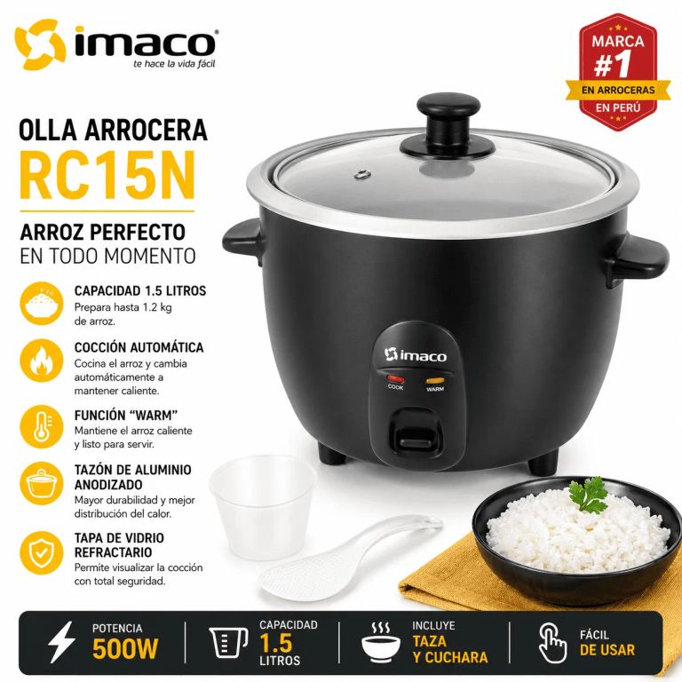 Olla Arrocera Imaco 1.5L 500W Cocina Automática Función Mantener Caliente Incluye Taza y Cuchara