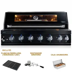 HIGRILL - Parrilla A Gas Empotrable 7 Quemadores Acero Inoxidable 304 Negro con Ahumador, Rostizador y Plancha