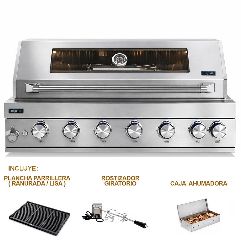 Parrilla A Gas Empotrable 7 Quemadores Acero Inoxidable 304 con Ahumador, Rostizador y Plancha