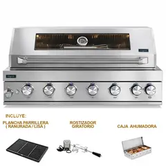 HIGRILL - Parrilla A Gas Empotrable 7 Quemadores Acero Inoxidable 304 con Ahumador, Rostizador y Plancha