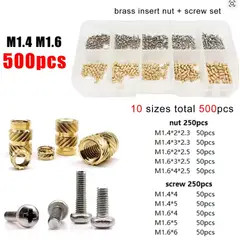 GENERICO - Kit 500 Insertos Latón M1.4/M1.6 + Tornillos para Impresión 3D