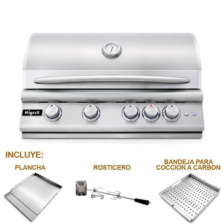 Parrilla A Gas y Carbón 5 Quemadores con Plancha y Rostizador Giratorio Modelo de Alta Gama: Pyrolux 401