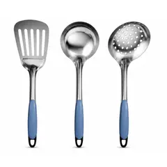GENERICO - Kit de Utensilios de Cocina 3 Piezas Hecho de Acero y Mango de Plástico - Azul