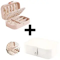 GENERICO - Maletín Estuche Organizador Joyero De Viaje Blanco + Maletín Estuche Organizador Joyero De Viaje Rosado