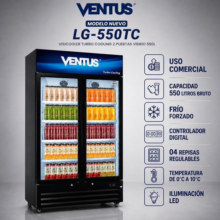 VISICOOLER 2 PTA DE VIDRIO 550 LT VENTUS LG-550TC