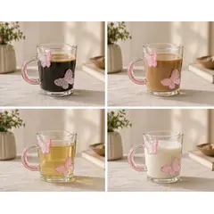 GENERICO - Set x 4 taza de Vidrio Borosilicato 450ml con Mariposas 3D Rosa y Asa Decorada
