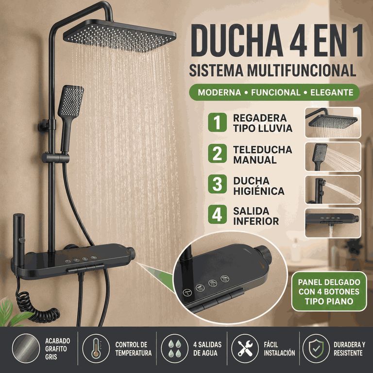 Ducha Multifuncional 4 en 1 de acero inoxidable con grifo