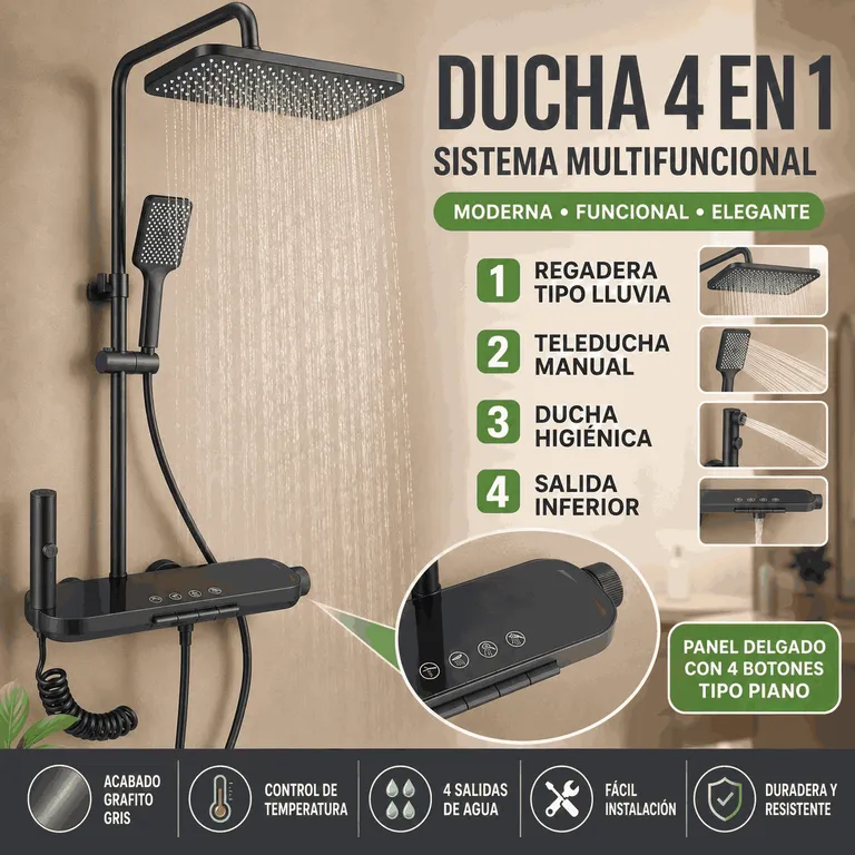 Ducha Multifuncional 4 en 1 de acero inoxidable con grifo
