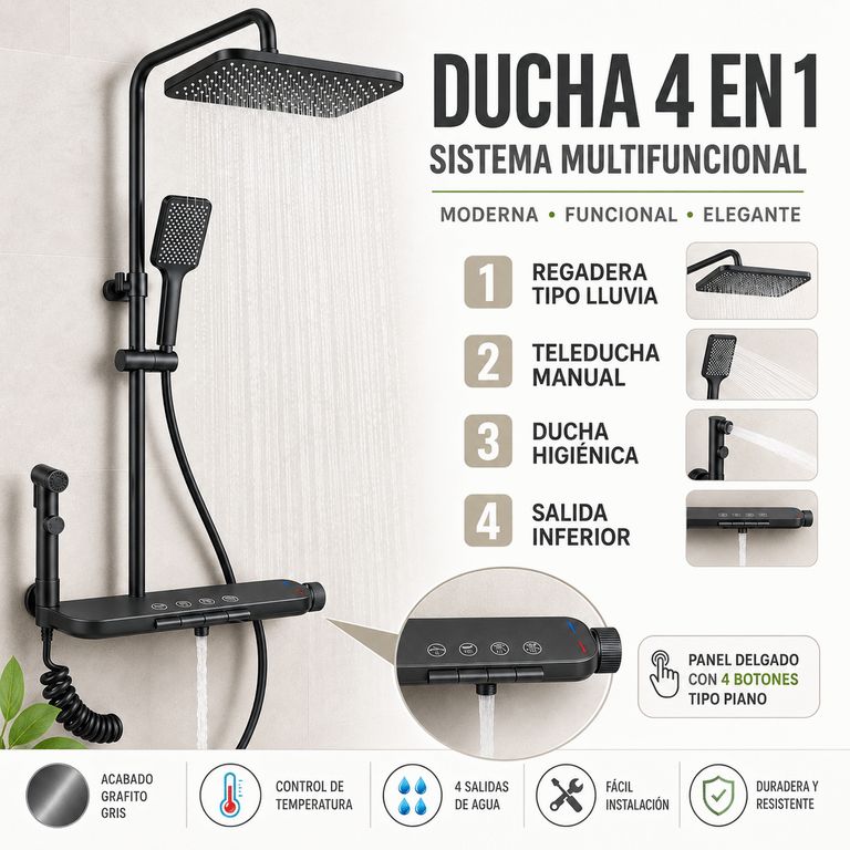 Ducha Multifuncional 4 en 1 de acero inoxidable con grifo