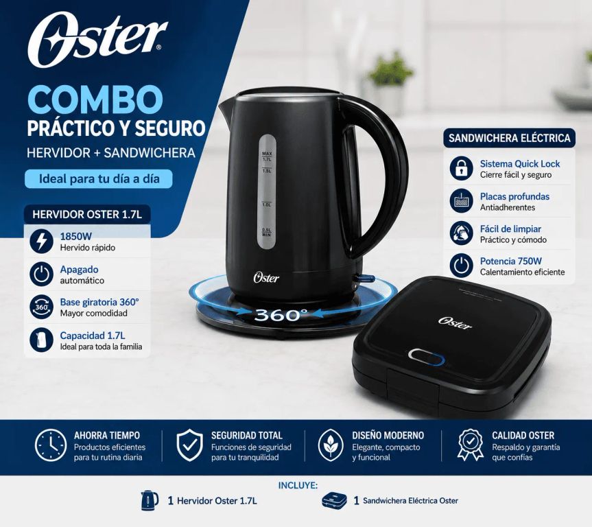 Combo Oster Hervidor Eléctrico 1.7L + Sandwichera Eléctrica Antiadherente Cocina Desayuno