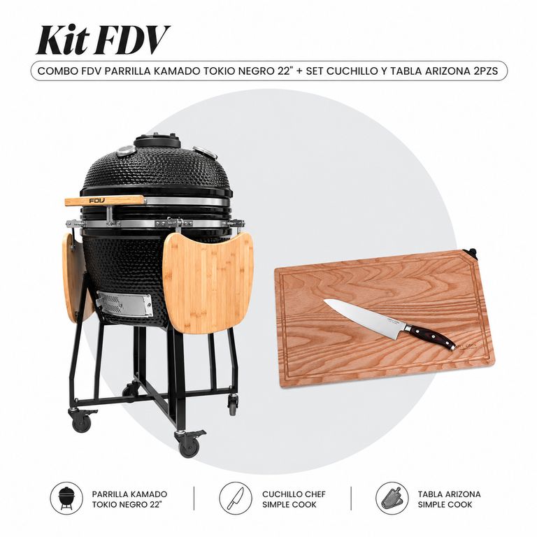 COMBO FDV PARRILLA KAMADO TOKIO NEGRO 22 + SET CUCHILLO Y TABLA ARIZONA 2PZS