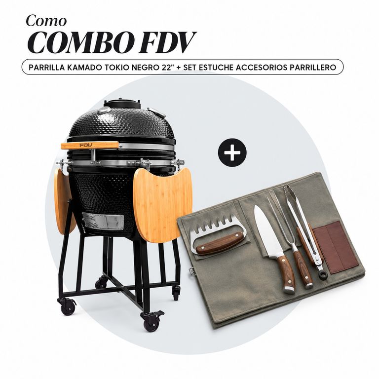 COMBO FDV PARRILLA KAMADO TOKIO NEGRO 22 + SET ESTUCHE ACCESORIOS PARRILLERO