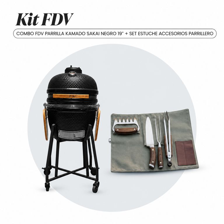 COMBO FDV PARRILLA KAMADO SAKAI NEGRO 19 + SET ESTUCHE ACCESORIOS PARRILLERO