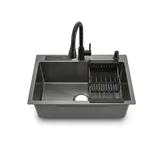 GENERICO - Lavadero de cocina 60x45x22  Multifuncional Nano Black incluye Grifo mezcladora + 4 accesorios