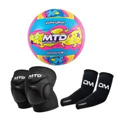 MTD - KIT VÓLEY INFANTIL PELOTA GOMA MTD 5 COLORIDO + RODILLERAS GEL KID + MANGAS XS