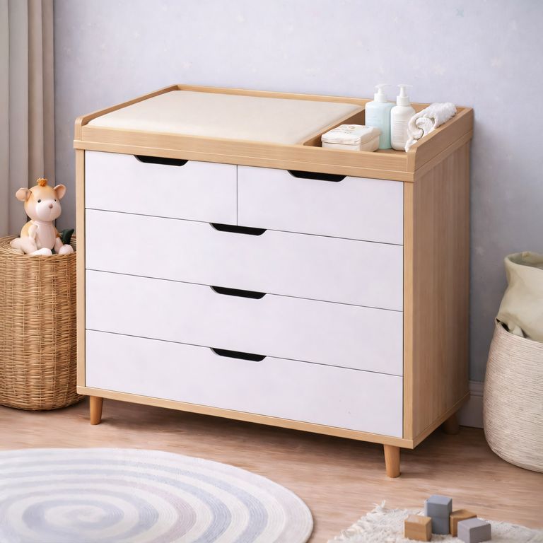 Cómoda Cambiador Para Bebé Aurora 5 Cajones Blanco y Duna 100 cm Huk