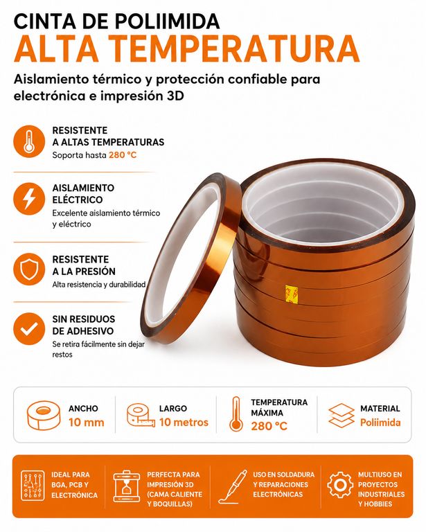 Cinta Aislante Térmica de Poliimida 280°C 10mm x 10m
