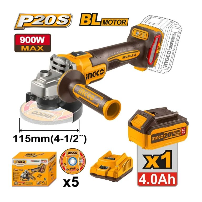 AMOLADORA ANGULAR BRUSHLESS INGCO 20V 900W - 115mm(4-1/2")