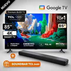 TCL - Televisor TCL 85" Qled Premium 85A400 4k Ultra HD Google TV - 144 Hz + SOUNDBAR TCL S45H