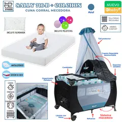 EBABY - Cuna Corral Mecedora y Cambiador con COLCHON Sally 716-B Azul