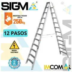SIGMA - Escalera Aluminio Tijera Doble Acceso de 12 Pasos. Cap. Max. de Carga 250 Kg. Tipo IA Industrial Pesado