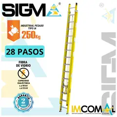 SIGMA - Escalera Fibra de Vidrio Telescópica de 28 Pasos. Cap. Max. de Carga 250 Kg. Tipo IA Industrial Pesado