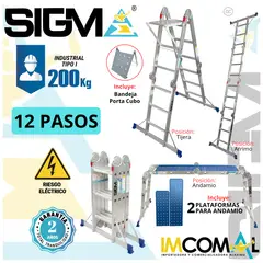 SIGMA - Escalera Aluminio Multipropósito Pesada de 12 Pasos 4x3. Cap. Max. de Carga 200 Kg. Tipo I Industrial