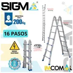 SIGMA - Escalera Aluminio Multipropósito Telescópica de 16 Pasos 4x4. Cap. Max. de Carga 200 Kg. Tipo I Industrial