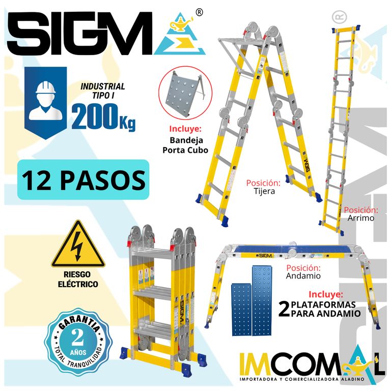 Escalera Fibra de Vidrio Multipropósito Pesada de 12 Pasos 4x3. Cap. Max. de Carga 200 Kg. Tipo I Industrial