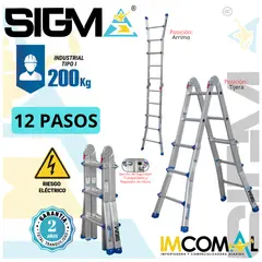SIGMA - Escalera Aluminio  Multipropósito Telescópica de 12 Pasos 4x3. Cap. Max. de Carga: 200 Kg. Tipo I (Industrial)