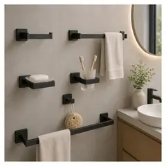 XM - Set de Accesorios para Baño Negro Mate 6 Piezas Acero Inoxidable Modelo 97701