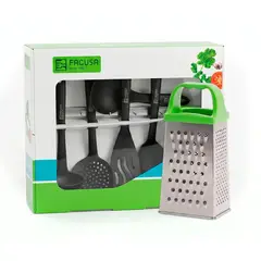 FACUSA - Set de 5 Utensilios Cucharones de Teflon Antiraduras mas Rayador de Acero Inoxidable Facusa