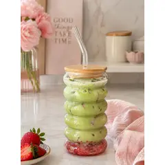 GENERICO - Set Vaso Ondulado y Sorbete Reutilizable Moderno de Vidrio Borosilicato con Tapa de Bambú 400 ML