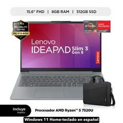 LENOVO - Lenovo IdeaPad Slim 3 15.6" FHD AMD Ryzen 5 7520U 2.8/4.3GHz, 8GB DDR5-5500-SSD512GB WINDOWS 11 + MALETIN LENOVO