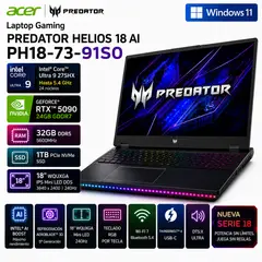 ACER - Laptop Acer Predator Helios 18 AI PH18-73-91S0 18″ WQUXGA Mini LED 240Hz Core Ultra 9 RTX 5090 32GB 1TB SSD