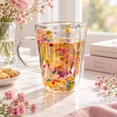 GENERICO - Set de 4 Tazas Doble Fondo de Vidrio Borosilicato con Flores Encapsuladas