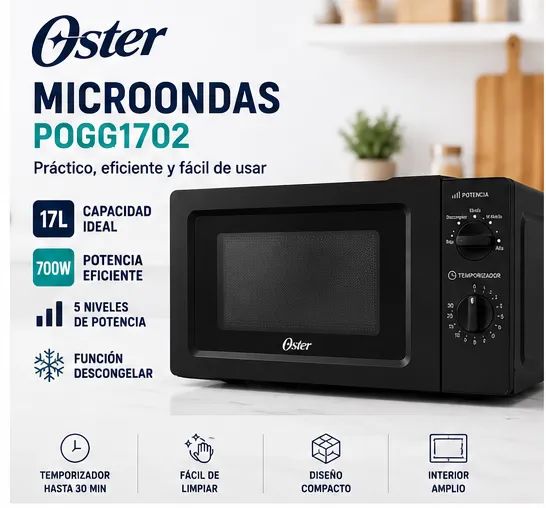 Microondas Oster 17 Litros POGG1702 Negro 700W 5 Niveles de Potencia Función Descongelar