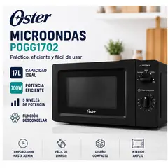 OSTER - Microondas Oster 17 Litros POGG1702 Negro 700W 5 Niveles de Potencia Función Descongelar
