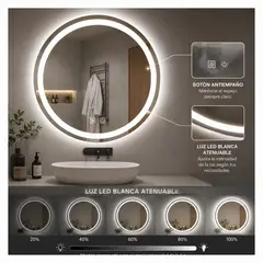MAGIC - Espejo Led Circular - Marco Luz Blanca - 60 cm x 60 cm - Botón Antiempaño Digital