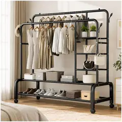 GENERICO - Organizador de Ropa Negro Doble Barra Metal Soporta 68kg 160x110x55cm con Ruedas