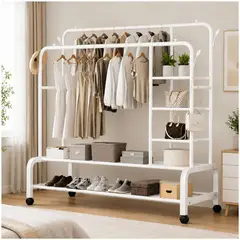 GENERICO - Organizador de Ropa Blanco Doble Barra Metal Soporta 68kg 160x110x55cm con Ruedas